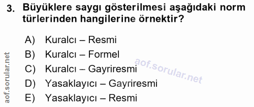 3. soru: Büyüklere saygı gösterilmesi aşağıdaki norm türlerinden hangilerine örnektir? A) Kuralcı - Resmi B) Kuralcı - Formel…