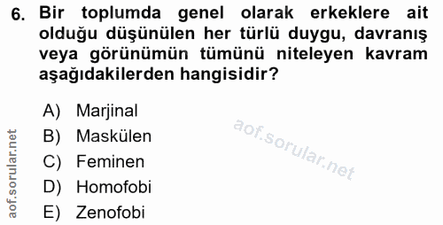 6. soru: Bir toplumda genel olarak erkeklere ait olduğu düşünülen her türlü duygu, davranış veya görünümün tümünü niteleyen ka…