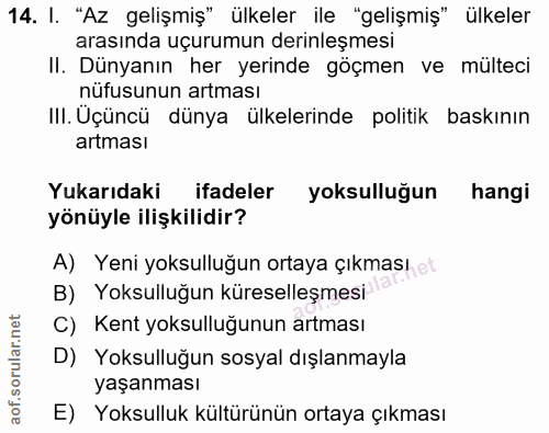 14. soru: I. "Az gelişmiş" ülkeler ile "gelişmiş" ülkeler arasında uçurumun derinleşmesi II. Dünyanın her yerinde göçmen ve mül…