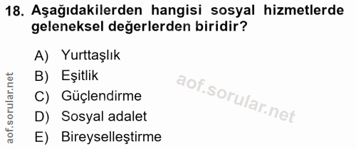 18. soru: Aşağıdakilerden hangisi sosyal hizmetlerde geleneksel değerlerden biridir? A) Yurttaşlık B) Eşitlik C) Guçlendirme D)…