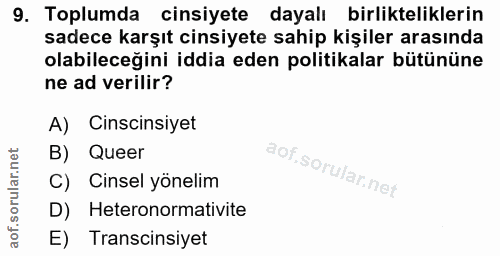 9. soru: Toplumda cinsiyete dayalı birlikteliklerin sadece karşıt cinsiyete sahip kişiler arasında olabileceğini iddia eden po…
