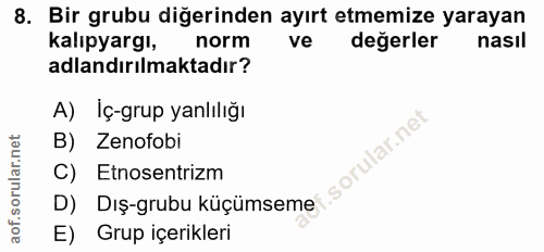 8. soru: Bir grubu diğerinden ayırt etmemize yarayan kalıpyarg!, norm ve degerler nasıl adlandırılmaktadır? A) İç-grup yanlılı…