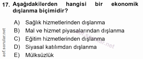 17. soru: Aşağıdakilerden hangisi bir ekonomik dışlanma biçimidir? A) Sağlık hizmetlerinden dışlanma B) Mal ve hizmet piyasalar…