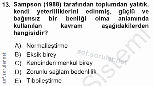 13. soru: Sampson (1988) tarafından toplumdan yalıtık, kendi yeterliliklerini edinmiş, güçlü ve bağımsız bir benliği olma anlam…