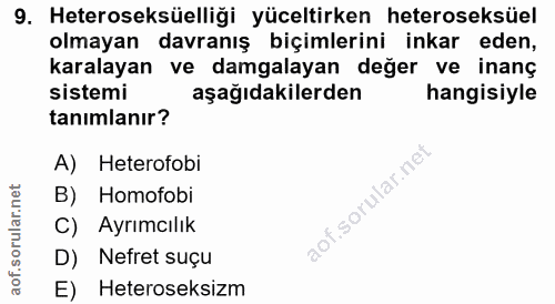 9. soru: Heteroseksüelliği yüceltirken heteroseksüel olmayan davranış biçimlerini inkar eden, karalayan ve damgalayan değer ve…