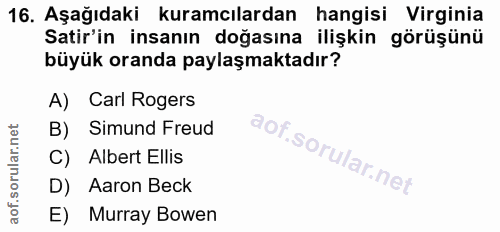 16. soru: Aşağıdaki kuramcılardan hangisi Virginia Satir'in insanın doğasına ilişkin görüşünü büyük oranda paylaşmaktadır? A) C…