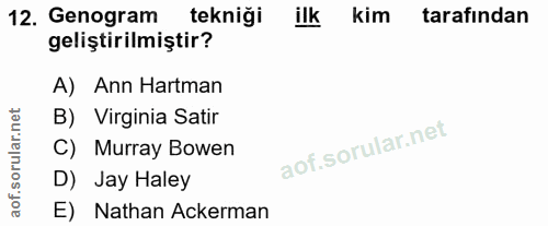 12. soru: Genogram tekniği ilk kim tarafından geliştirilmiştir? A) Ann Hartman B) Virginia Satir C) Murray Bowen D) Jay Haley E…