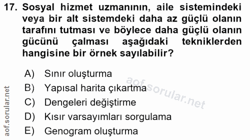 17. soru: Sosyal hizmet uzmanının, aile sistemindeki veya bir alt sistemdeki daha az güçlü olanın tarafını tutması ve böylece d…