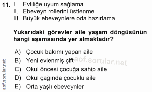 11. soru: I. Evliliğe uyum sağlama Il. Ebeveyn rollerini üstlenme IlI. Büyük ebeveynlere oda hazırlama Yukarıdaki görevler aile…