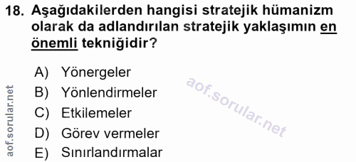 18. soru: Aşağıdakilerden hangisi stratejik hümanizm olarak da adlandırılan stratejik yaklaşımın en önemli tekniğidir? A) Yöner…