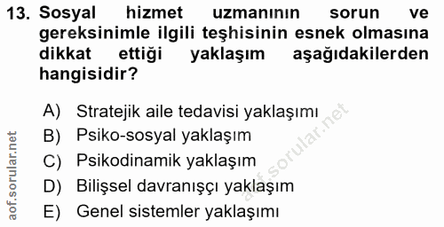 13. soru: Sosyal hizmet uzmanının sorun ve gereksinimle ilgili teşhisinin esnek olmasına dikkat ettiği yaklaşım aşağıdakilerden…