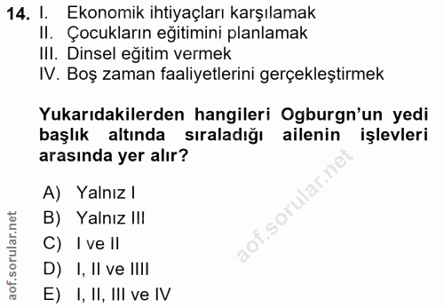 14. soru: l. Ekonomik ihtiyaçları karşılamak Il. Çocukların eğitimini planlamak IlI. Dinsel eğitim vermek IV. Boş zaman faaliye…