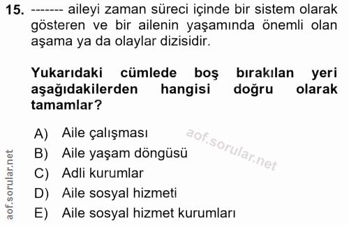 15. soru: —- aileyi zaman süreci içinde bir sistem olarak gösteren ve bir ailenin yaşamında önemli olan aşama ya da olaylar diz…