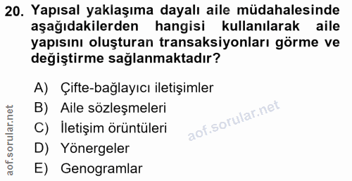 20. soru: Yapısal yaklaşıma dayalı aile müdahalesinde aşağıdakilerden hangisi kullanılarak aile yapısını oluşturan transaksiyon…