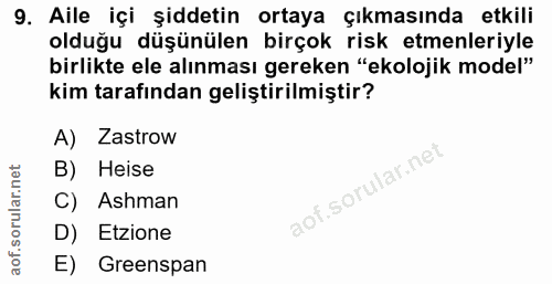 9. soru: Aile içi şiddetin ortaya çıkmasında etkili olduğu düşünülen birçok risk etmenleriyle birlikte ele alınması gereken "e…