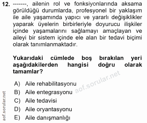 12. soru: -—--, ailenin rol ve fonksiyonlarında aksama görüldüğü durumlarda, profesyonel bir yaklaşım ile aile yaşamında yapıcı…