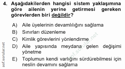 4. soru: Aşağıdakilerden hangisi sistem yaklaşımına göre ailenin yerine getirmesi gereken görevlerden biri değildir? A) Aile ü…