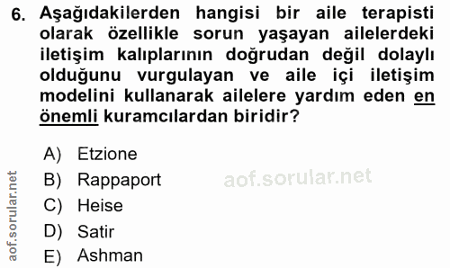 6. soru: Aşağıdakilerden hangisi bir aile terapisti olarak özellikle sorun yaşayan ailelerdeki iletişim kalıplarının doğrudan…