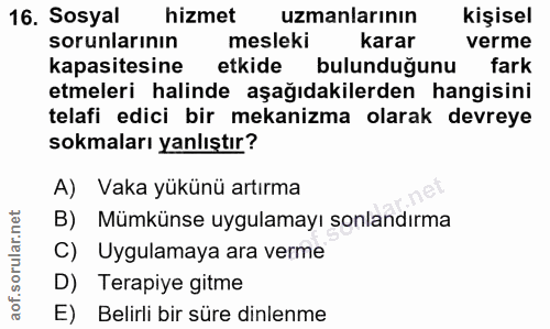 16. soru: Sosyal hizmet uzmanlarının kişisel sorunlarının mesleki karar verme kapasitesine etkide bulunduğunu fark etmeleri hal…