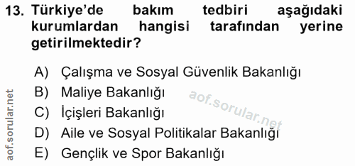 13. soru: Türkiye'de bakım tedbiri aşağıdaki kurumlardan hangisi tarafından yerine getirilmektedir? A) Çalışma ve Sosyal Güvenl…