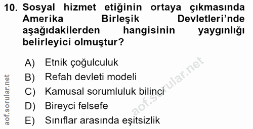 10. soru: Sosyal hizmet etiğinin ortaya çıkmasında Amerika Birleşik Devletleri'nde aşağıdakilerden hangisinin yaygınlığı belirl…
