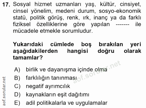 17. soru: Sosyal hizmet uzmanları yaş, kültür, cinsiyet, cinsel yönelim, medeni durum, sosyo-ekonomik statü, politik görüş, ren…