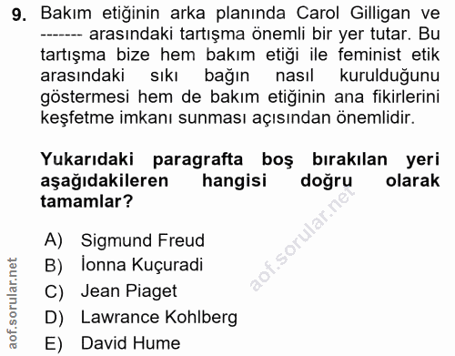 9. soru: Bakım etiğinin arka planında Carol Gilligan ve ---- arasındaki tartışma önemli bir yer tutar. Bu tartışma bize hem ba…
