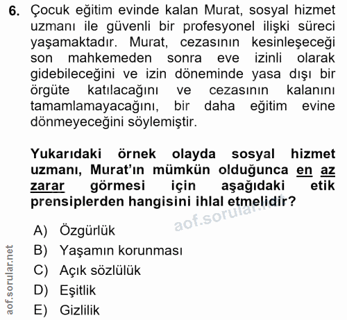 6. soru: Çocuk eğitim evinde kalan Murat, sosyal hizmet uzmanı ile güvenli bir profesyonel ilişki süreci yaşamaktadır. Murat,…