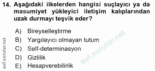 14. soru: Aşağıdaki ilkelerden hangisi suçlayıcı ya da masumiyet yükleyici iletişim kalıplarından uzak durmayı teşvik eder? A)…
