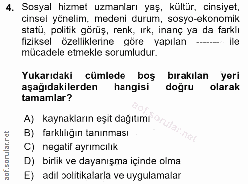 4. soru: Sosyal hizmet uzmanları yaş, kültür, cinsiyet, cinsel yönelim, medeni durum, sosyo-ekonomik statü, politik görüş, ren…