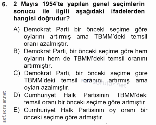 6. soru: 2 Mayıs 1954'te yapılan genel seçimlerin sonucu ile ilgili aşağıdaki ifadelerden hangisi doğrudur? A) Demokrat Parti…