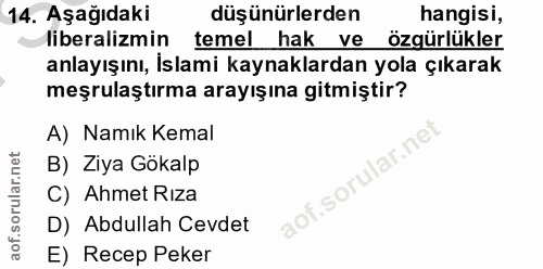 14. soru: Aşağıdaki düşünürlerden hangisi, liberalizmin temel hak ve özgürlükler anlayışını, İslami kaynaklardan yola çıkarak m…