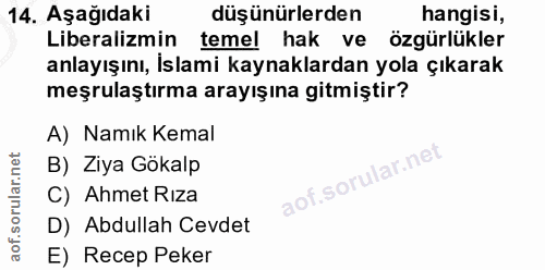 14. soru: Aşağıdaki düşünürlerden hangisi, Liberalizmin temel hak ve özgürlükler anlayışını, İslami kaynaklardan yola çıkarak m…