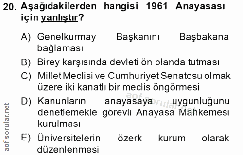 20. soru: Aşağıdakilerden hangisi 1961 Anayasası için yanlıştır? A) Genelkurmay Başkanını Başbakana bağlaması B) Birey karşısın…
