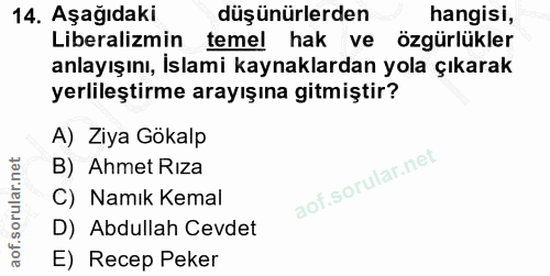 14. soru: Aşağıdaki düşünürlerden hangisi, Liberalizmin temel hak ve özgürlükler anlayışını, İslami kaynaklardan yola çıkarak y…