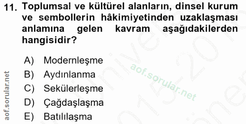 11. soru: Toplumsal ve kültürel alanların, dinsel kurum ve sembollerin hâkimiyetinden uzaklaşması anlamına gelen kavram aşağıda…