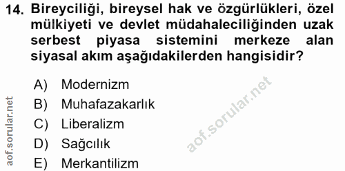 14. soru: Bireyciliği, bireysel hak ve özgürlükleri, özel mülkiyeti ve devlet müdahaleciliğinden uzak serbest piyasa sistemini…