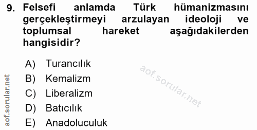 9. soru: Felsefi anlamda Türk hümanizmasını gerçekleştirmeyi arzulayan ideoloji ve toplumsal hareket aşağıdakilerden hangisidi…