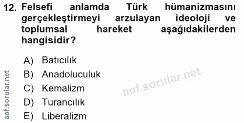 12. soru: Felsefi anlamda Türk hümanizmasını gerçekleştirmeyi arzulayan ideoloji ve toplumsal hareket aşağıdakilerden hangisidi…