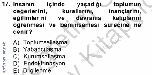17. soru: Insanın içinde yaşadığı toplumun değerlerini, kurallarını, inançlarını, eğilimlerini ve davranış kalıplarını öğrenmes…