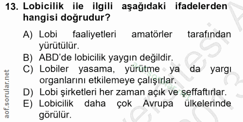 13. soru: Lobicilik ile ilgili aşağıdaki ifadelerden hangisi doğrudur? A) Lobi faaliyetleri amatörler tarafından yurütülür. B)…