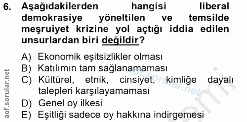 6. soru: Aşağıdakilerden hangisi liberal demokrasiye yöneltilen ve temsilde meşruiyet krizine yol açtığı iddia edilen unsurlar…
