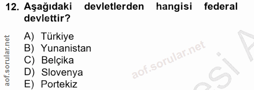 12. soru: Aşağıdaki devletlerden hangisi federal devlettir? A) Türkiye B) Yunanistan C) Belçika D) Slovenya E) Portekiz