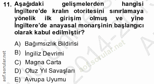 11. soru: Aşağıdaki gelişmelerden hangisi Ingiltere'de kralın otoritesini sınırlamaya yönelik ilk girişim olmuş ve yine İngilte…