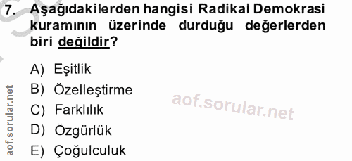 7. soru: Aşağıdakilerden hangisi Radikal Demokrasi kuramının üzerinde durduğu değerlerden biri değildir? A) Eşitlik B) Özelleş…