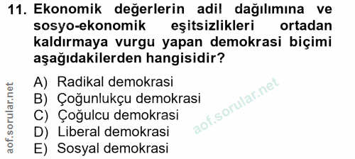 11. soru: Ekonomik değerlerin adil dağılımına ve sosyo-ekonomik eşitsizlikleri ortadan kaldırmaya vurgu yapan demokrasi biçimi…