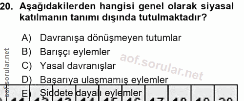20. soru: Aşağıdakilerden hangisi genel olarak siyasal katılmanın tanımı dışında tutulmaktadır? A) Davranışa dönüşmeyen tutumla…