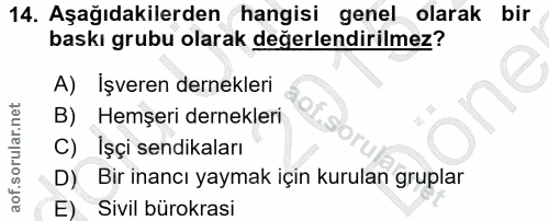 14. soru: Aşağıdakilerden hangisi genel olarak bir baskı grubu olarak değerlendirilmez? A) İşveren dernekleri B) Hemşeri dernek…