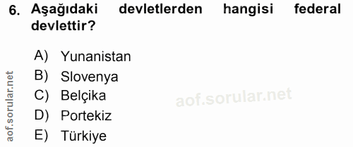 6. soru: Aşağıdaki devletlerden hangisi federal devlettir? A) Yunanistan B) Slovenya lar.n C) Belçika sorul D) Portekiz aof. E…