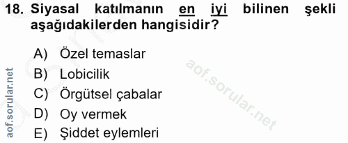 18. soru: Siyasal katılmanın en iyi bilinen şekli aşağıdakilerden hangisidir? A) Özel temaslar B) Lobicilik C) Örgütsel çabalar…
